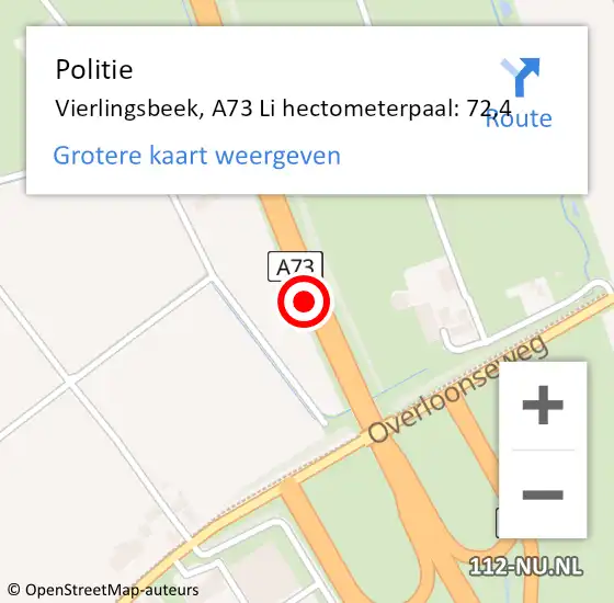 Locatie op kaart van de 112 melding: Politie Vierlingsbeek, A73 Li hectometerpaal: 72,4 op 21 november 2020 17:16