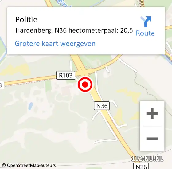 Locatie op kaart van de 112 melding: Politie Hardenberg, N36 hectometerpaal: 20,5 op 24 november 2020 18:53