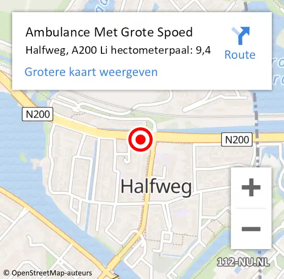 Locatie op kaart van de 112 melding: Ambulance Met Grote Spoed Naar Halfweg, A200 Li hectometerpaal: 9,4 op 25 november 2020 15:32