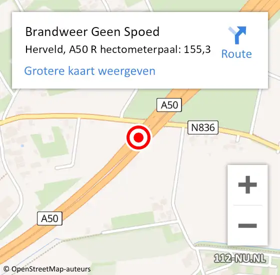 Locatie op kaart van de 112 melding: Brandweer Geen Spoed Naar Herveld, A50 Li hectometerpaal: 153,4 op 9 december 2020 16:05
