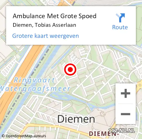 Locatie op kaart van de 112 melding: Ambulance Met Grote Spoed Naar Diemen, Tobias Asserlaan op 14 december 2020 07:27