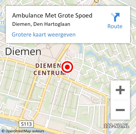 Locatie op kaart van de 112 melding: Ambulance Met Grote Spoed Naar Diemen, Den Hartoglaan op 16 december 2020 14:06