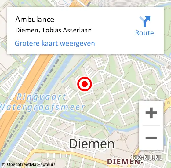 Locatie op kaart van de 112 melding: Ambulance Diemen, Tobias Asserlaan op 17 december 2020 11:25