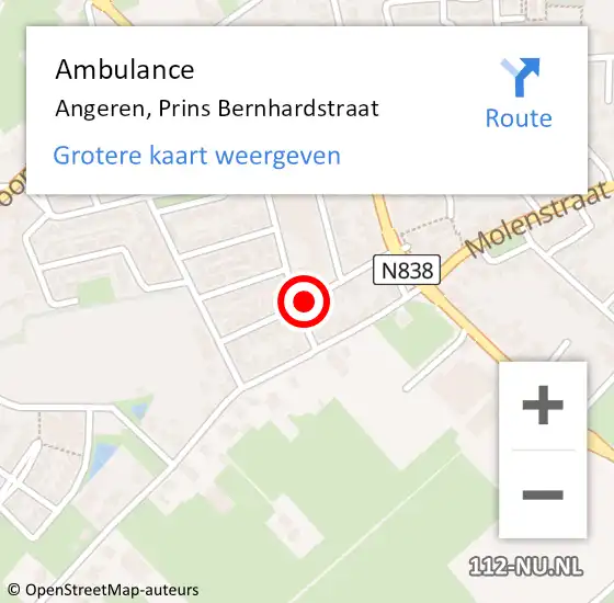 Locatie op kaart van de 112 melding: Ambulance Angeren, Prins Bernhardstraat op 22 december 2020 13:18