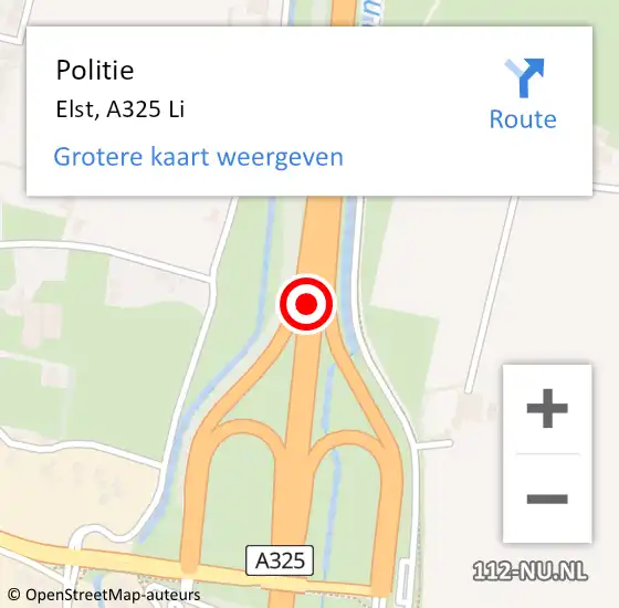 Locatie op kaart van de 112 melding: Politie Elst, A325 Li op 27 december 2020 06:51