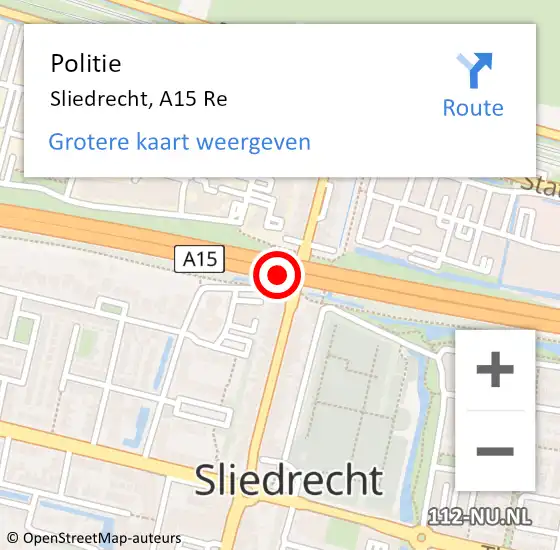 Locatie op kaart van de 112 melding: Politie Sliedrecht, A15 Re op 29 december 2020 11:14