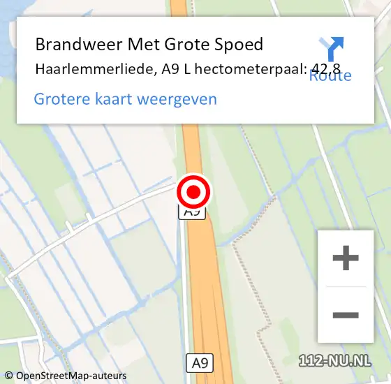 Locatie op kaart van de 112 melding: Brandweer Met Grote Spoed Naar Haarlemmerliede, A9 Li hectometerpaal: 43,6 op 30 december 2020 20:45