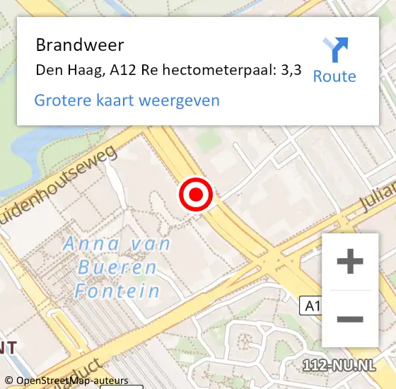 Locatie op kaart van de 112 melding: Brandweer Den Haag, A12 Re hectometerpaal: 3,3 op 31 december 2020 09:20