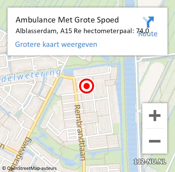 Locatie op kaart van de 112 melding: Ambulance Met Grote Spoed Naar Alblasserdam, A15 Re hectometerpaal: 74,0 op 15 januari 2021 00:08