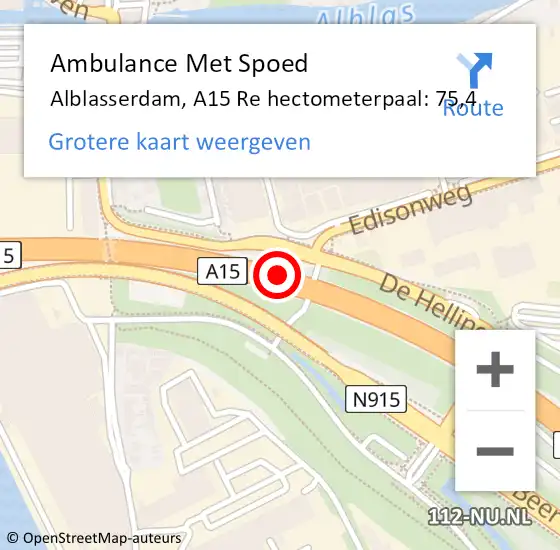 Locatie op kaart van de 112 melding: Ambulance Met Spoed Naar Alblasserdam, A15 Re hectometerpaal: 75,4 op 15 januari 2021 16:23