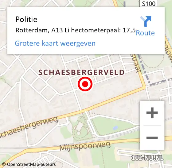 Locatie op kaart van de 112 melding: Politie Rotterdam, A13 Li hectometerpaal: 17,5 op 15 januari 2021 20:11