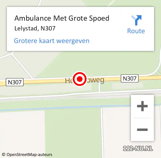Locatie op kaart van de 112 melding: Ambulance Met Grote Spoed Naar Lelystad, N307 op 16 januari 2021 20:13