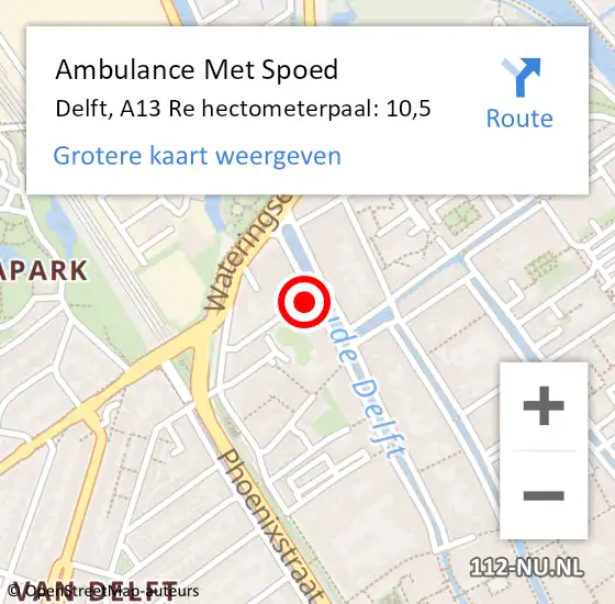 Locatie op kaart van de 112 melding: Ambulance Met Spoed Naar Delft, A13 Re hectometerpaal: 10,5 op 18 januari 2021 02:11