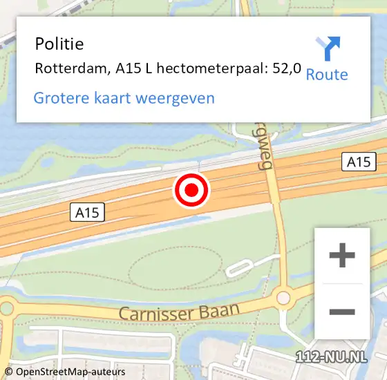 Locatie op kaart van de 112 melding: Politie Rotterdam, A15 L hectometerpaal: 52,0 op 19 januari 2021 12:13