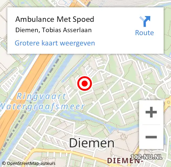 Locatie op kaart van de 112 melding: Ambulance Met Spoed Naar Diemen, Tobias Asserlaan op 20 januari 2021 15:23