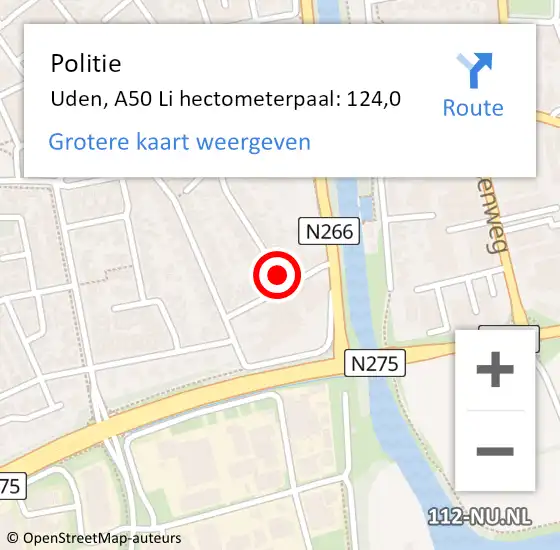 Locatie op kaart van de 112 melding: Politie Uden, A50 Li hectometerpaal: 124,0 op 22 januari 2021 10:28