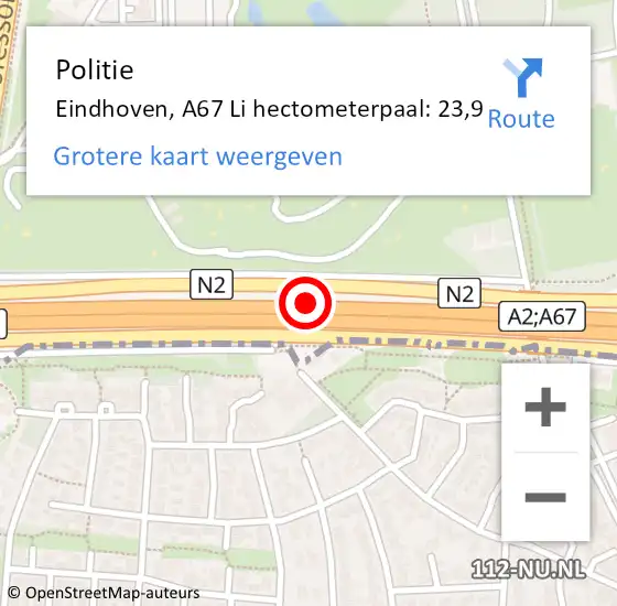 Locatie op kaart van de 112 melding: Politie Eindhoven, A67 Li hectometerpaal: 23,9 op 1 februari 2021 06:46