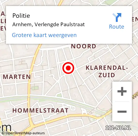 Locatie op kaart van de 112 melding: Politie Arnhem, Verlengde Paulstraat op 13 februari 2021 12:25