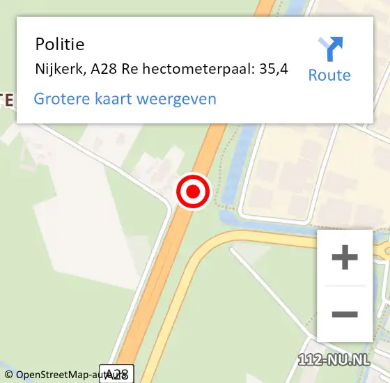 Locatie op kaart van de 112 melding: Politie Nijkerk, A28 Re hectometerpaal: 35,4 op 14 februari 2021 21:03