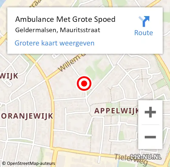 Locatie op kaart van de 112 melding: Ambulance Met Grote Spoed Naar Geldermalsen, Mauritsstraat op 26 februari 2021 10:54