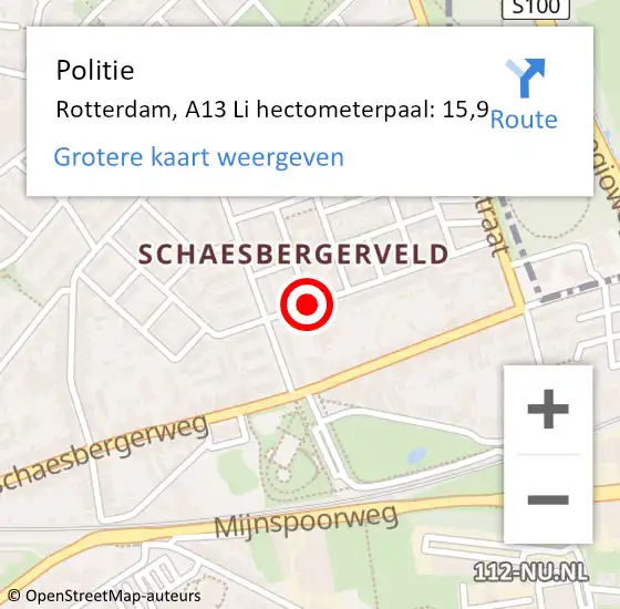 Locatie op kaart van de 112 melding: Politie Rotterdam, A13 Li hectometerpaal: 15,9 op 15 maart 2021 15:12