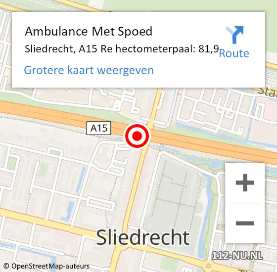 Locatie op kaart van de 112 melding: Ambulance Met Spoed Naar Sliedrecht, A15 Re hectometerpaal: 81,9 op 26 maart 2021 14:41