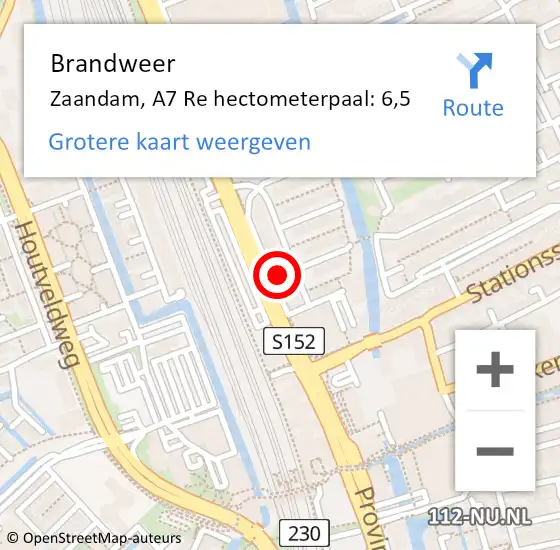 Locatie op kaart van de 112 melding: Brandweer Zaandam, A7 Re hectometerpaal: 6,5 op 26 maart 2021 21:08