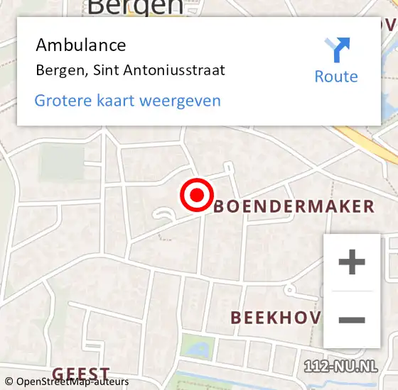 Locatie op kaart van de 112 melding: Ambulance Bergen, Sint Antoniusstraat op 28 maart 2021 14:19