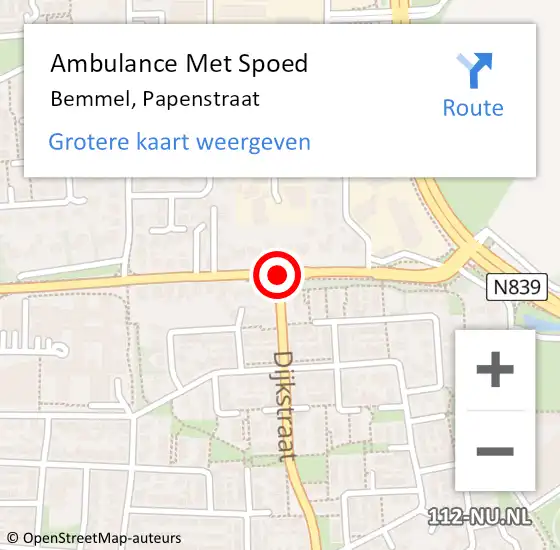 Locatie op kaart van de 112 melding: Ambulance Met Spoed Naar Bemmel, Papenstraat op 3 april 2021 04:58