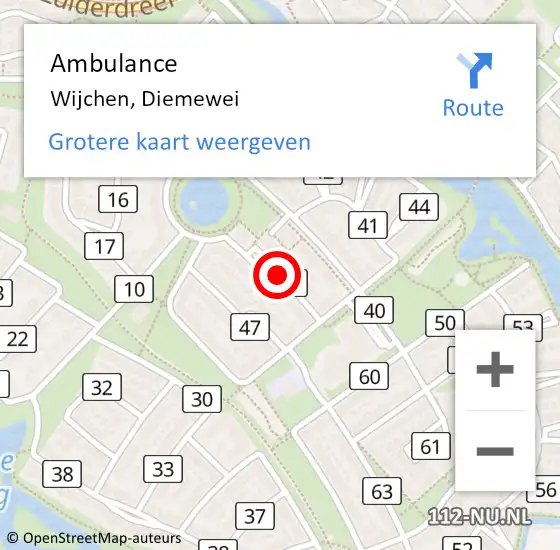 Locatie op kaart van de 112 melding: Ambulance Wijchen, Diemewei op 7 april 2021 09:03