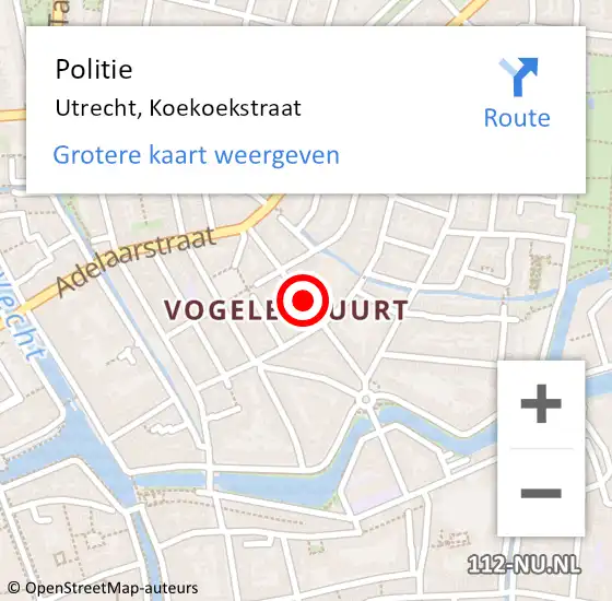 Locatie op kaart van de 112 melding: Politie Utrecht, Koekoekstraat op 10 april 2021 22:09