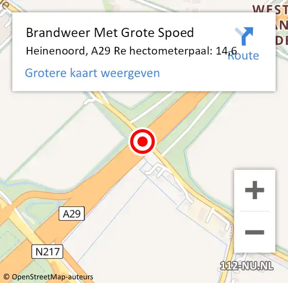 Locatie op kaart van de 112 melding: Brandweer Met Grote Spoed Naar Heinenoord, A29 Re hectometerpaal: 14,6 op 13 april 2021 18:03