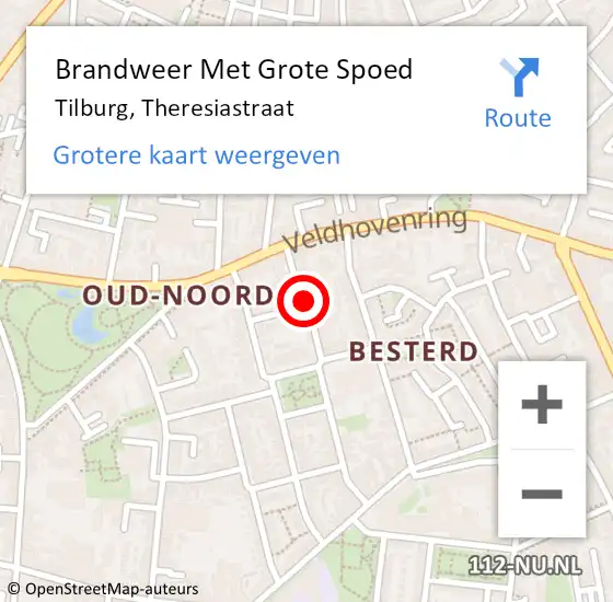 Locatie op kaart van de 112 melding: Brandweer Met Grote Spoed Naar Tilburg, Theresiastraat op 14 april 2021 21:52