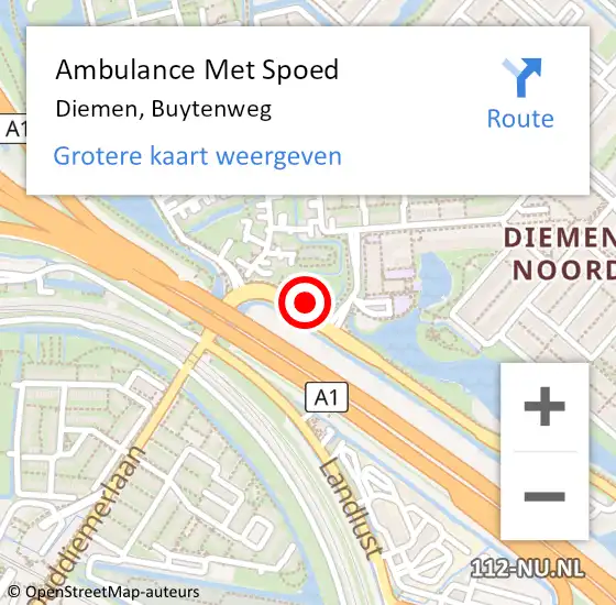 Locatie op kaart van de 112 melding: Ambulance Met Spoed Naar Diemen, Buytenweg op 17 april 2021 18:30