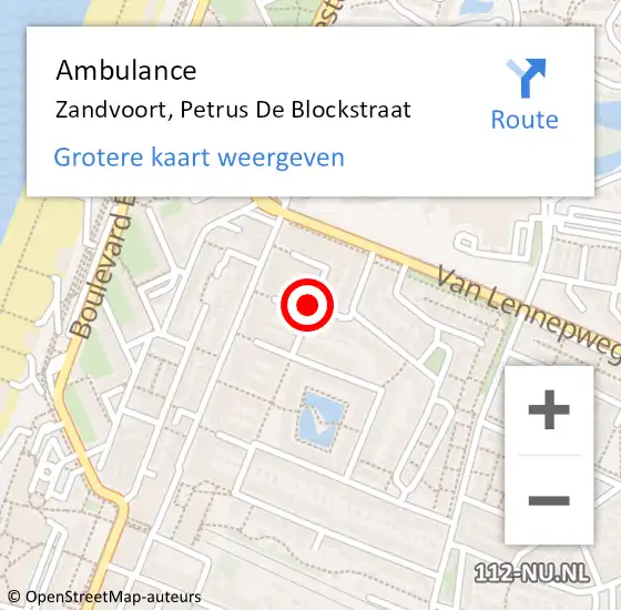 Locatie op kaart van de 112 melding: Ambulance Zandvoort, Petrus De Blockstraat op 22 april 2021 10:50