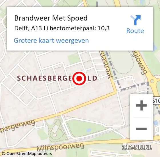Locatie op kaart van de 112 melding: Brandweer Met Spoed Naar Delft, A13 Li hectometerpaal: 10,7 op 23 april 2021 14:07