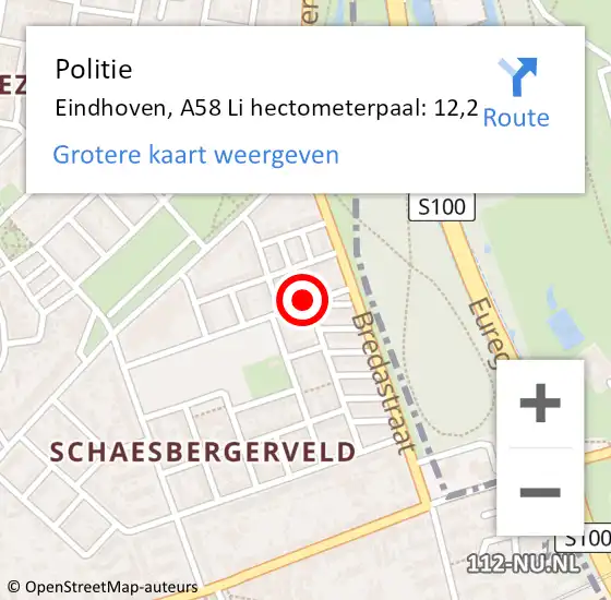 Locatie op kaart van de 112 melding: Politie Eindhoven, A58 Li hectometerpaal: 12,2 op 26 april 2021 10:24