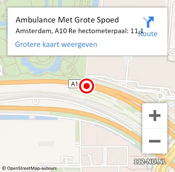 Locatie op kaart van de 112 melding: Ambulance Met Grote Spoed Naar Amsterdam, A10 Re hectometerpaal: 11,1 op 26 april 2021 15:57