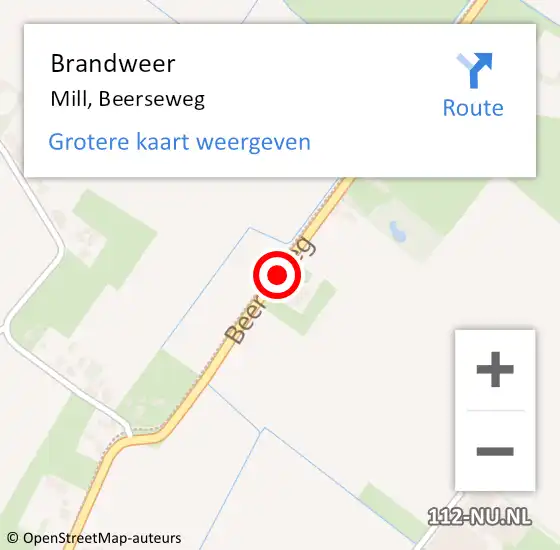 Locatie op kaart van de 112 melding: Brandweer Mill, Beerseweg op 26 april 2021 19:45