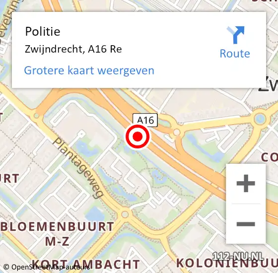 Locatie op kaart van de 112 melding: Politie Zwijndrecht, A16 Re hectometerpaal: 31,3 op 30 april 2021 13:14