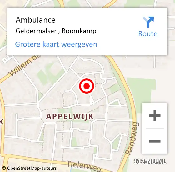 Locatie op kaart van de 112 melding: Ambulance Geldermalsen, Boomkamp op 1 mei 2021 09:32