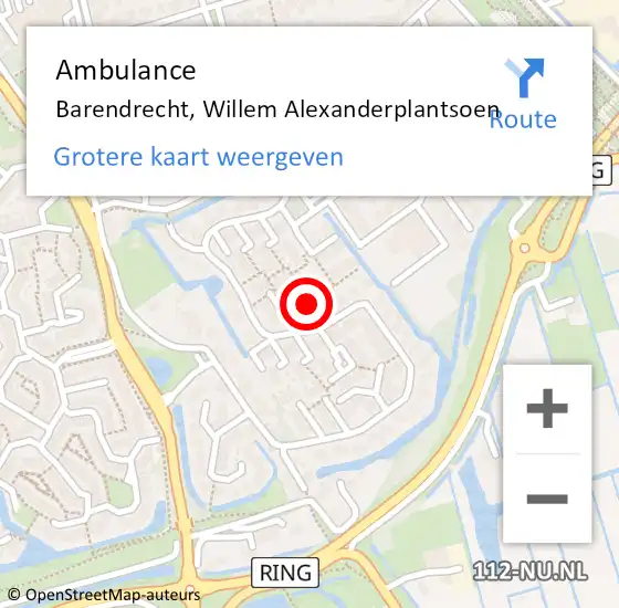 Locatie op kaart van de 112 melding: Ambulance Barendrecht, Willem Alexanderplantsoen op 6 mei 2021 17:08