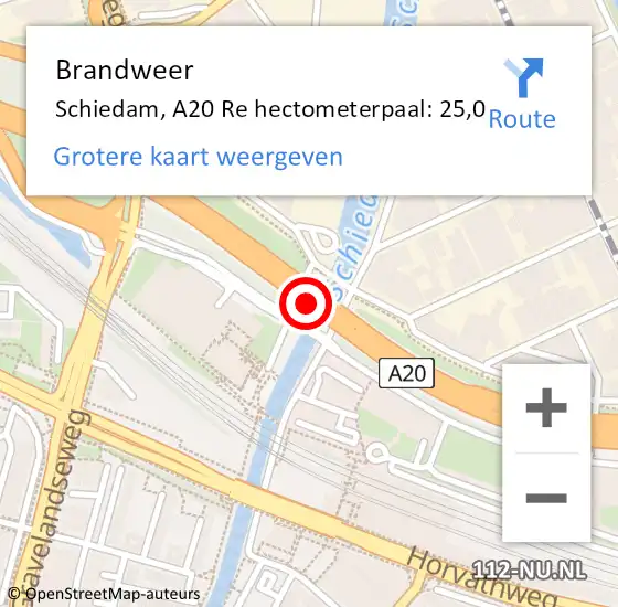 Locatie op kaart van de 112 melding: Brandweer Schiedam, A20 Re hectometerpaal: 25,0 op 8 mei 2021 00:13