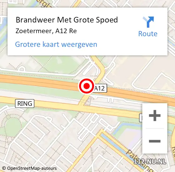Locatie op kaart van de 112 melding: Brandweer Met Grote Spoed Naar Zoetermeer, A12 Li hectometerpaal: 15,8 op 9 mei 2021 11:51
