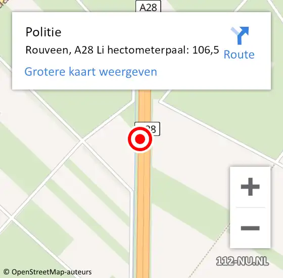 Locatie op kaart van de 112 melding: Politie Rouveen, A28 Li hectometerpaal: 106,5 op 13 mei 2021 17:06