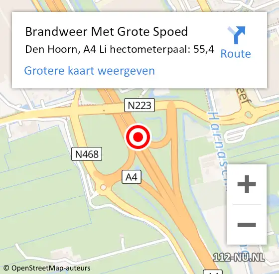 Locatie op kaart van de 112 melding: Brandweer Met Grote Spoed Naar Den Hoorn, A4 Li hectometerpaal: 55,4 op 18 mei 2021 14:05