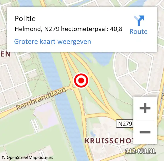 Locatie op kaart van de 112 melding: Politie Helmond, N279 hectometerpaal: 40,8 op 18 mei 2021 18:21