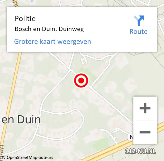 Locatie op kaart van de 112 melding: Politie Bosch en Duin, Duinweg op 18 mei 2021 19:46