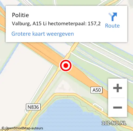 Locatie op kaart van de 112 melding: Politie Valburg, A15 Li hectometerpaal: 157,2 op 19 mei 2021 20:10