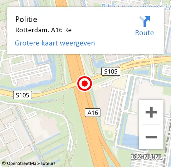 Locatie op kaart van de 112 melding: Politie Rotterdam, A16 Li op 21 mei 2021 07:25